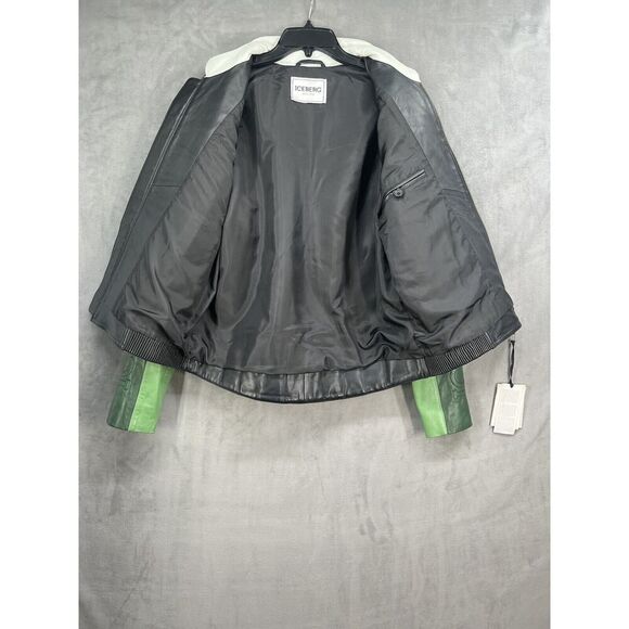 ICEBERG Leather Biker Jacket Size EU 44 Full Zip Men’s Jacket Green Black - Picture 11 of 16